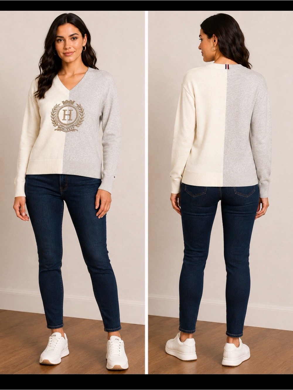 Tommy Hilfiger Two‑Tone V‑Neck Sweater in Gray & Cream